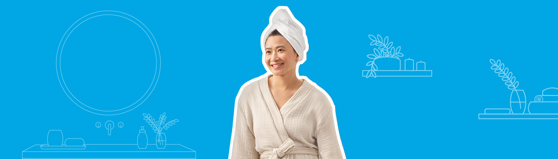 middle-aged Asian woman smiling leaning on her bathtub in her nice new bathroom